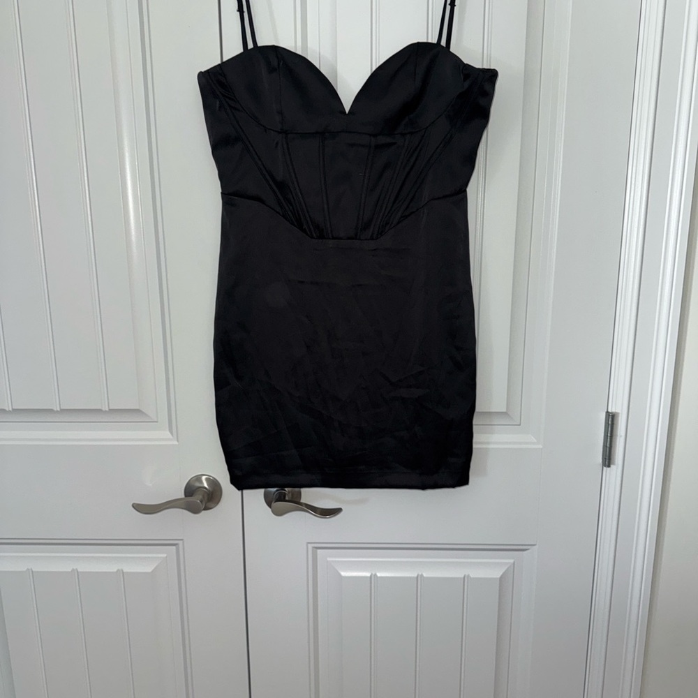Black Satin Sweetheart Mini Dress with Spaghetti Straps